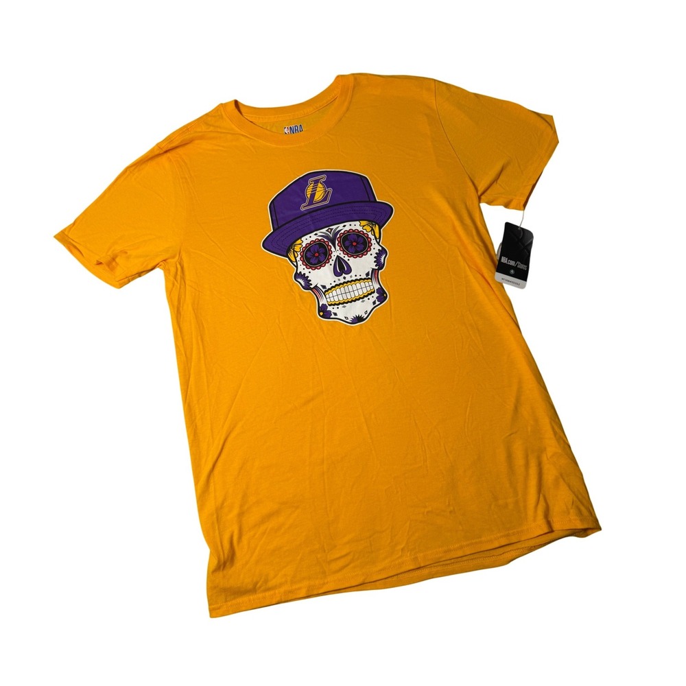 NBA Los Angeles Lakers Sugar Skull Dia de los Muertos T-Shirt Yellow Mens Medium